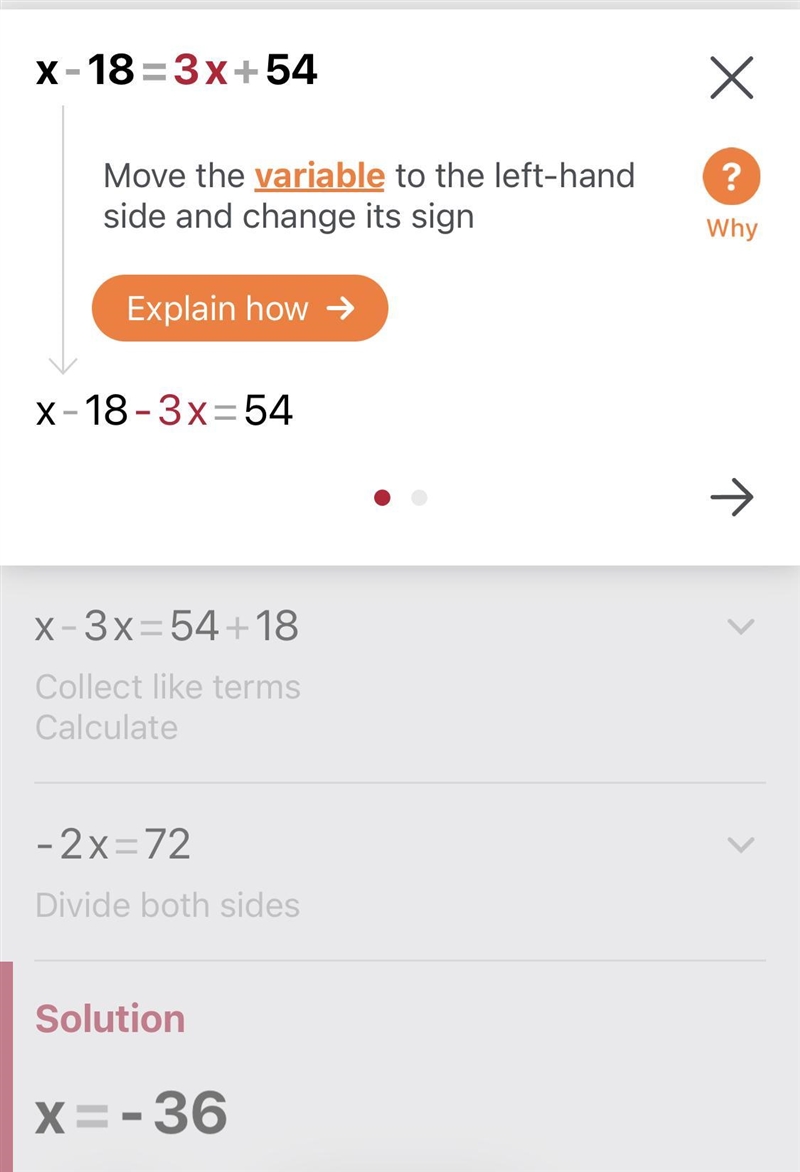 Solve the equation x + -18 = 3x + 54-example-1