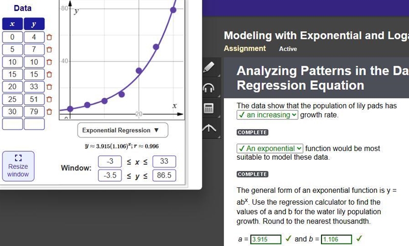 Type the data that you collected (shown right) into the regression calculator. Be-example-1