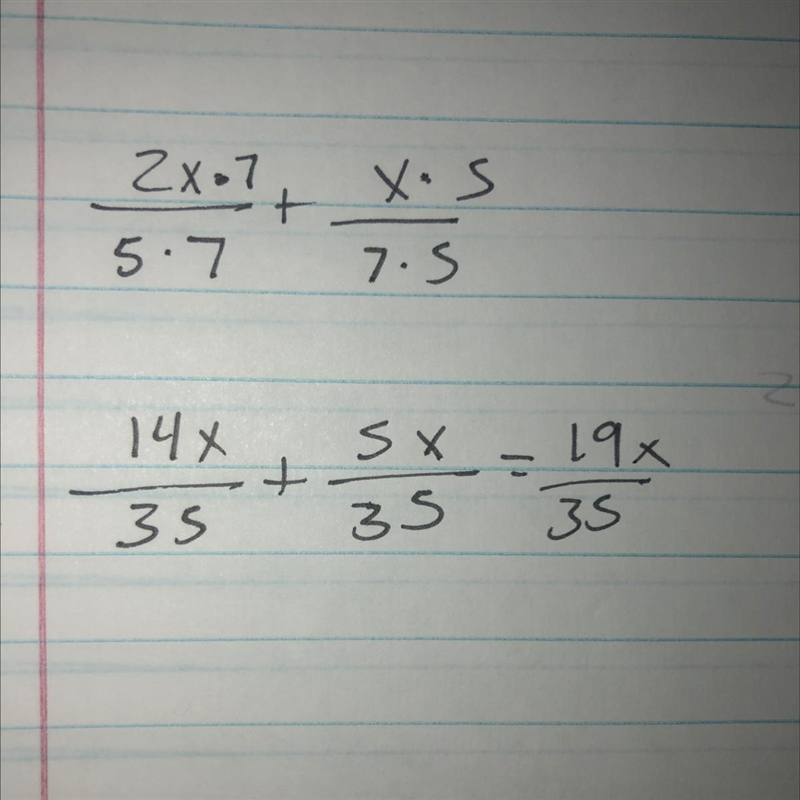 Gemma says that,2x/5 + x/7 = 3x/12 Why is Gemma wrong? Work out the correct answer-example-1