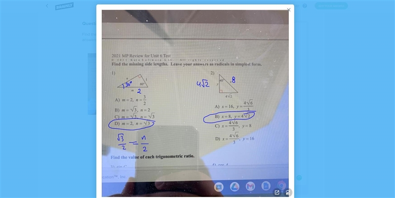 Find the missing side length leave your answers as radicals in simplest form-example-1