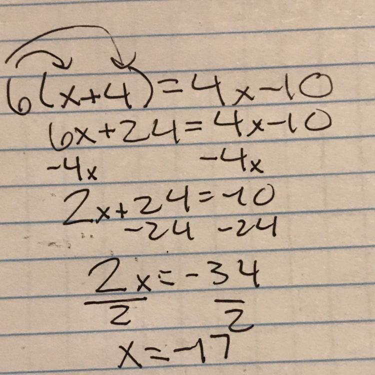 Help me solve 6(x+4)=4x-10-example-1