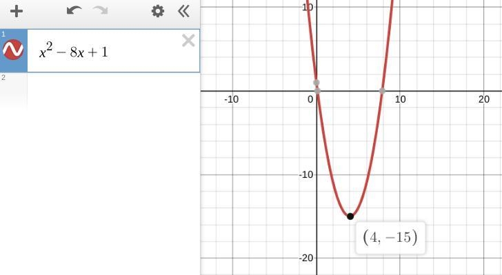 What is the vertex of the quadratic function below? y=x^2-8+1-example-1