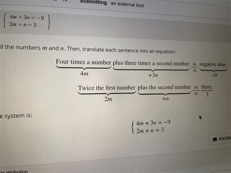 Four times a number plus three times a second number is negative nine. Twice the first-example-1