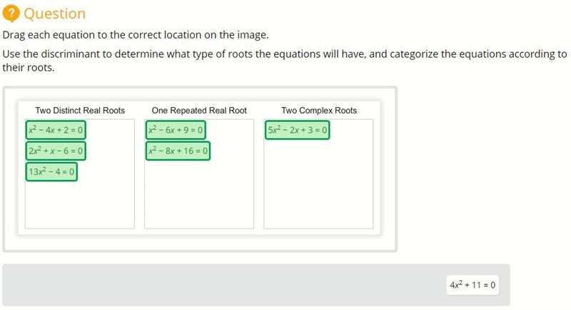 Drag each equation to the correct location on the image. Use the discriminant to determine-example-1