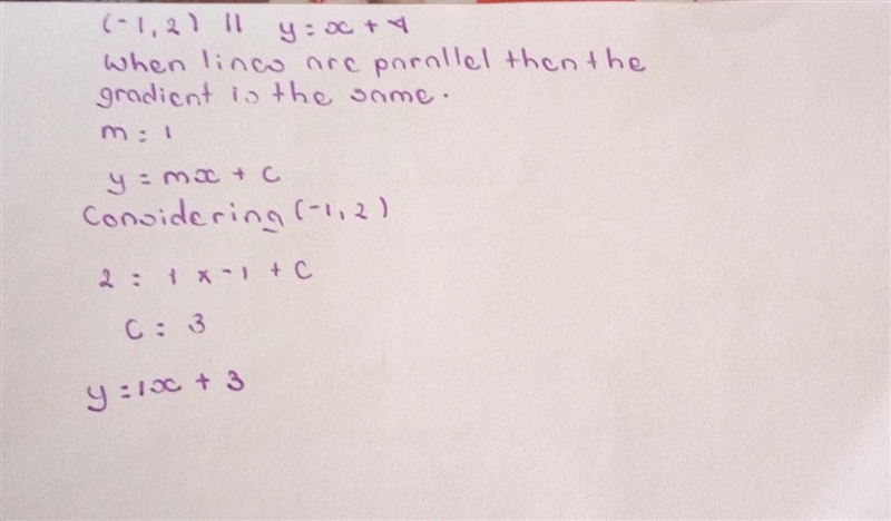 work out the equation of the line which passes through the point (-1, 2) and is paralell-example-1