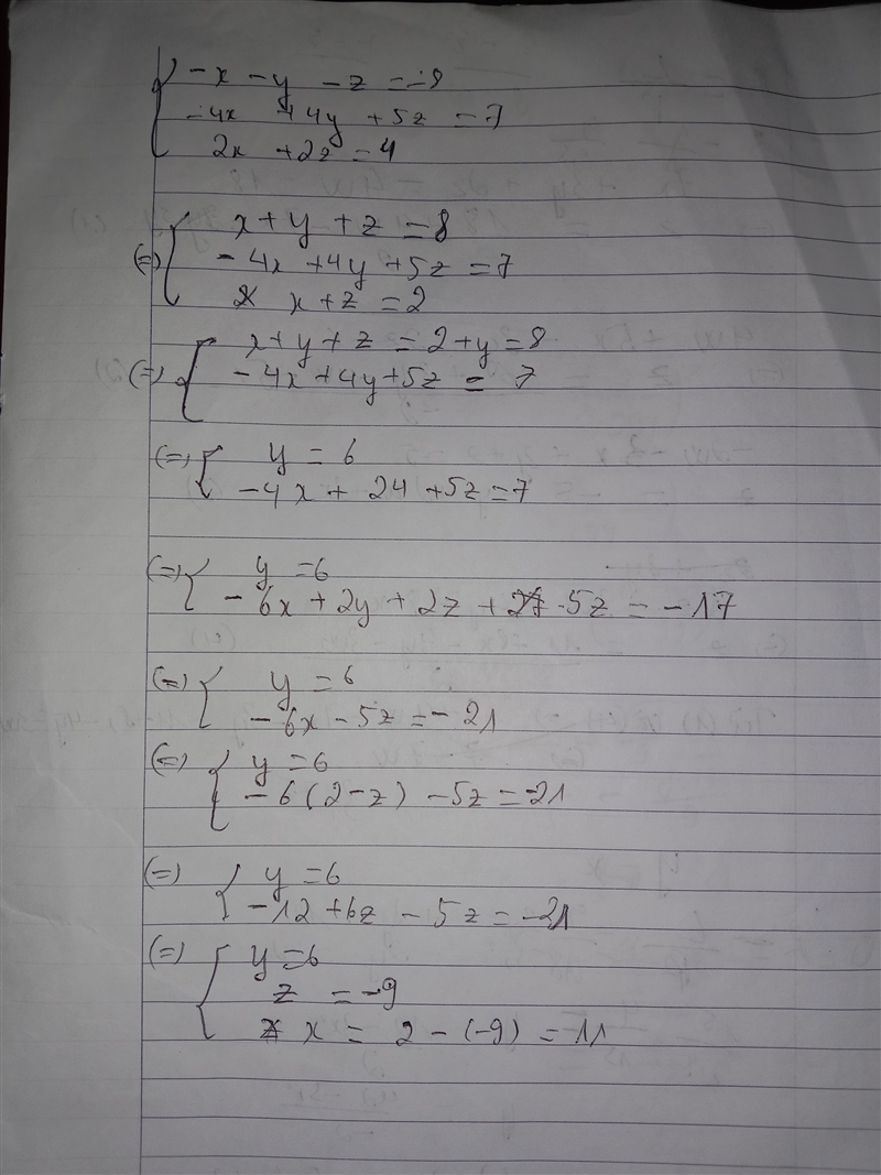 Solve the system by substitution -x - Y - z = -8 - 4x + 4y +5z =7 2x +2z = 4-example-1