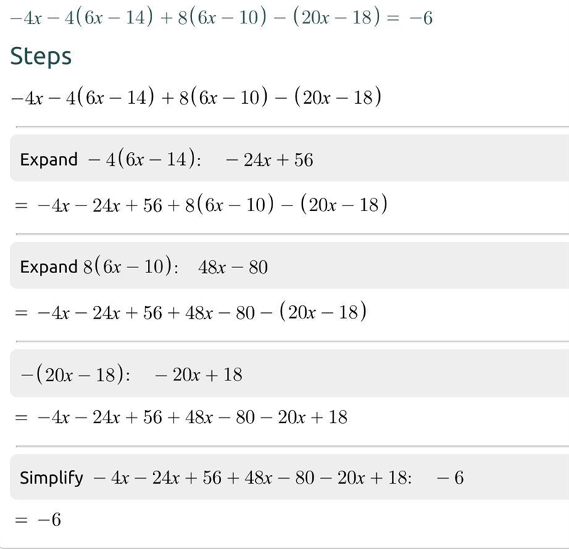 -4x - 4(6x-14) +8(6x-10) - (20x -18)-example-1