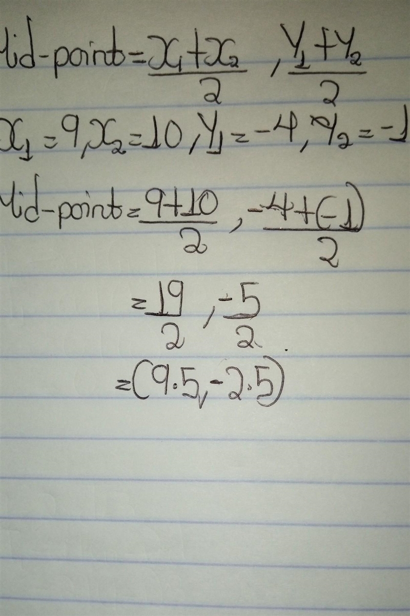 16. Determine the midpoint of the line segment with endpoints (9,-4) and (10,-1),-example-1