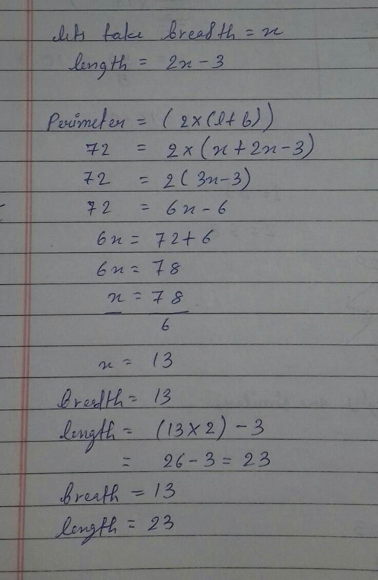 The length of a rectangle is 3 less than twice the width. If the perimeter is 72 cm-example-1