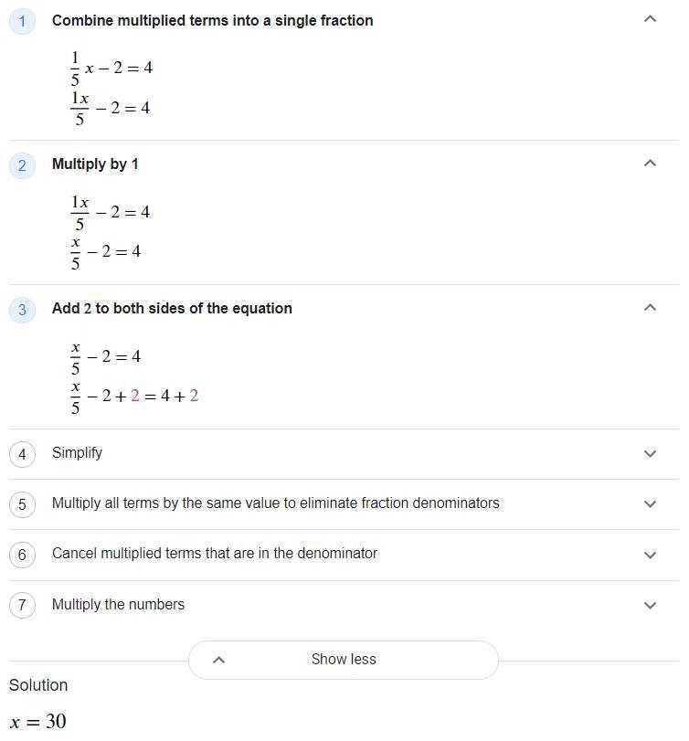 Solve for x 1/5x − 2= 4-example-1