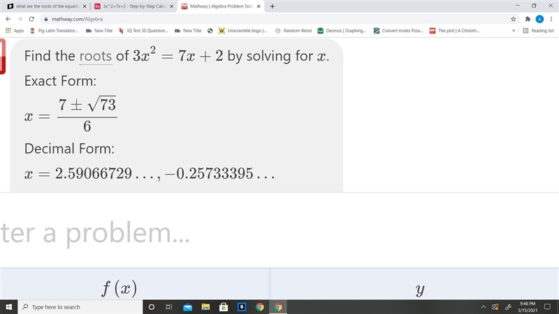 What are the roots of the equation 3x^2 =7x+2-example-1