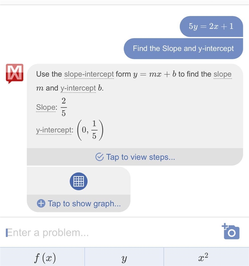 Find Slope and Y Intercept 5y = 2x + 1-example-1