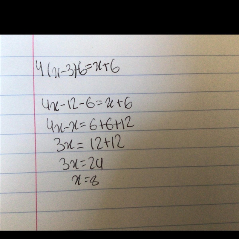 Solve the equation for x : 4(x-3)-6=x+6 I don't really know how to do this when there-example-1