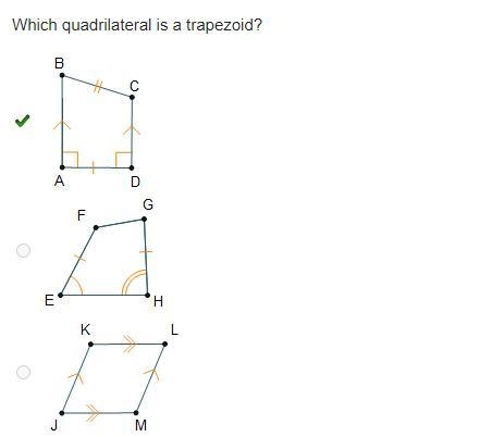 Which quadrilateral is a trapezoid? Quadrilateral A B C D is shown. Sides A B and-example-1