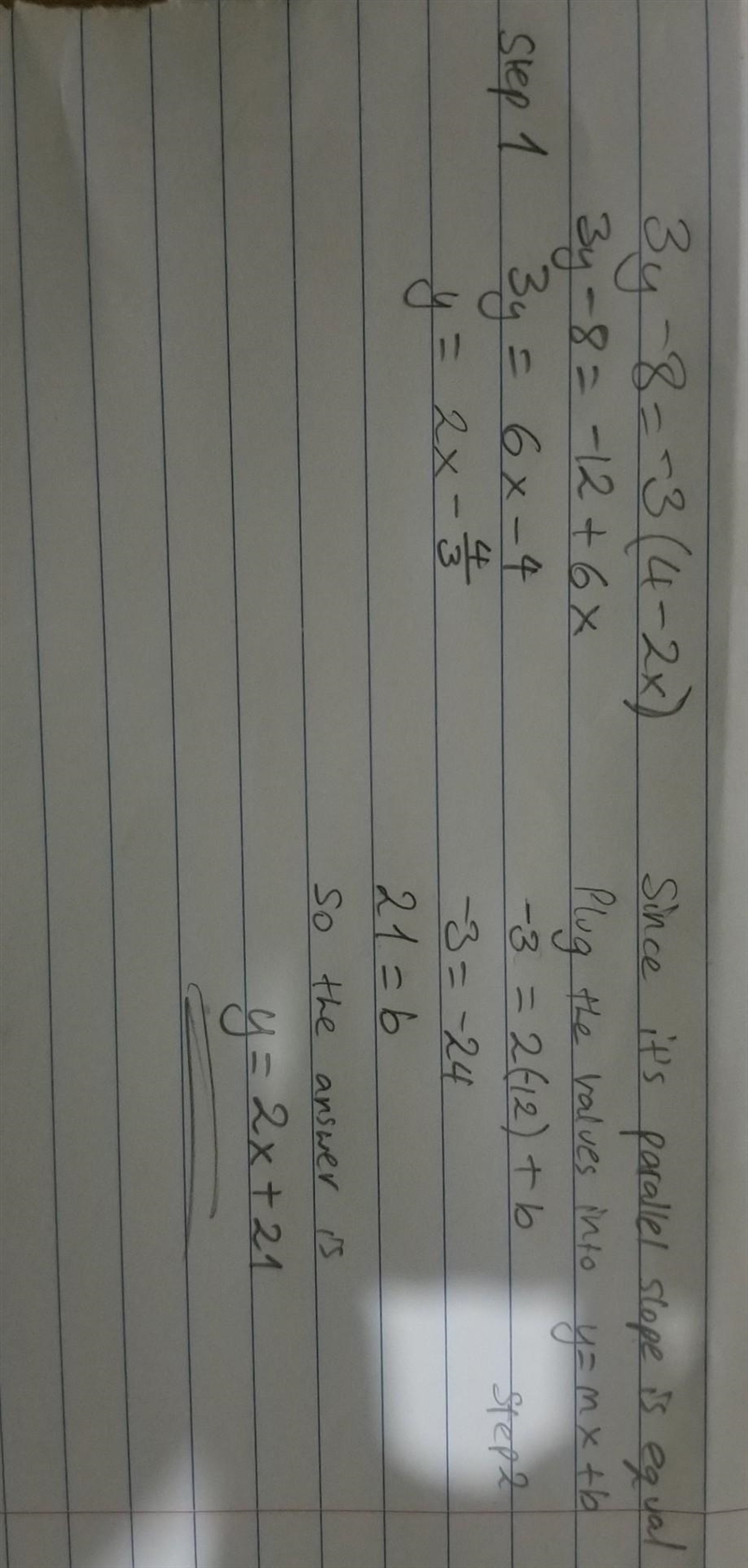 3y - 8 = -3(4 - 2x) Step 2 of 2: Find the equation of the line which passes through-example-1