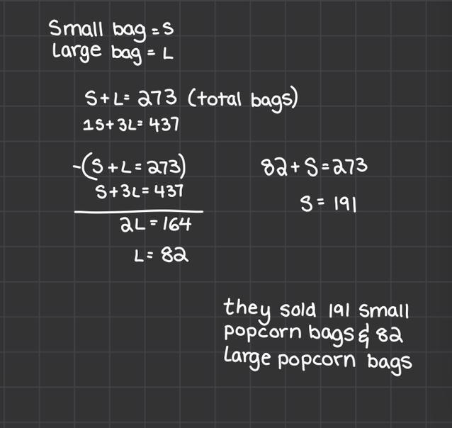 Yesterday, a movie theater sold 273 bags of popcorn. A large bag of popcorn costs-example-1