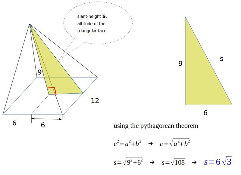 A square pyramid has a base with sides that are 12 cm long and a height of 9 cm. What-example-1