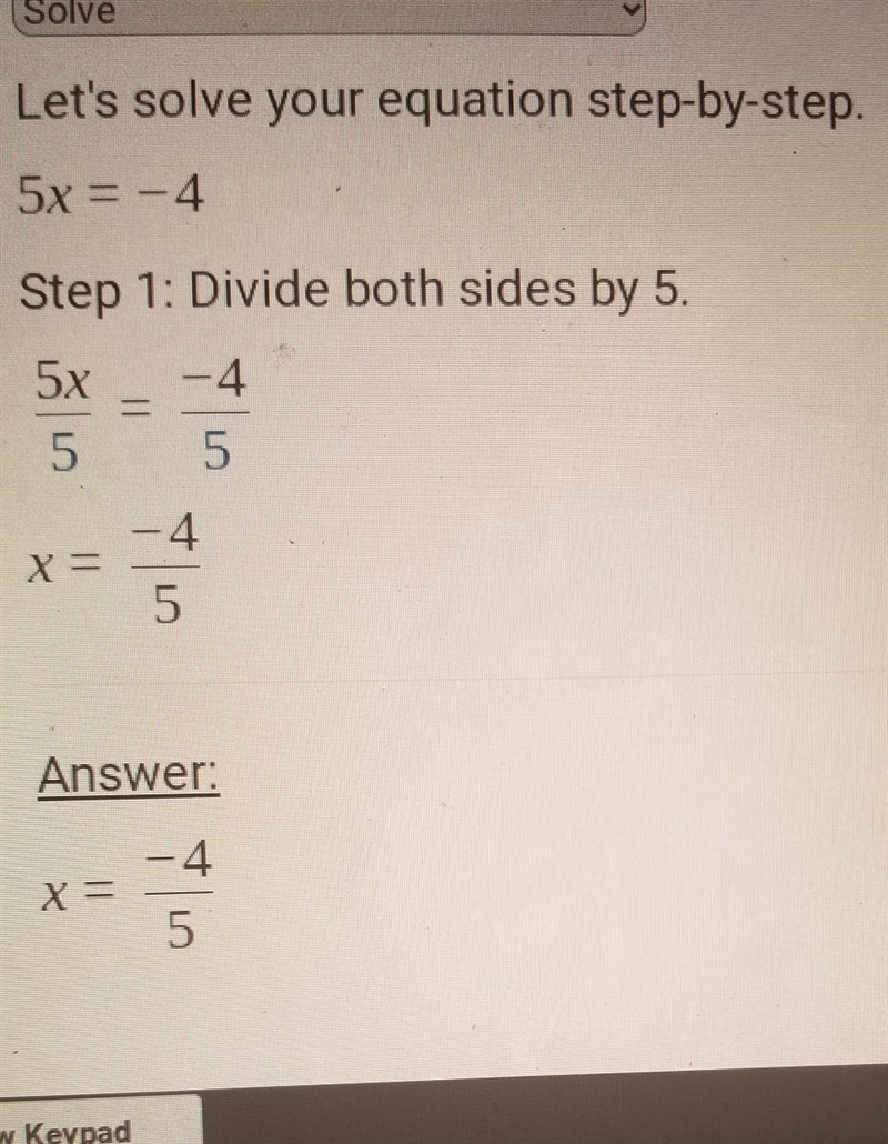 What is the solution to the equation 5x = -4?​-example-1