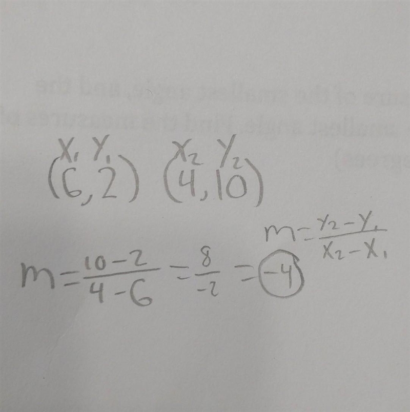 What is the slope of the line that passes through the points (6, 2) and (4, 10)? -4 -1/4 1/4 4-example-1