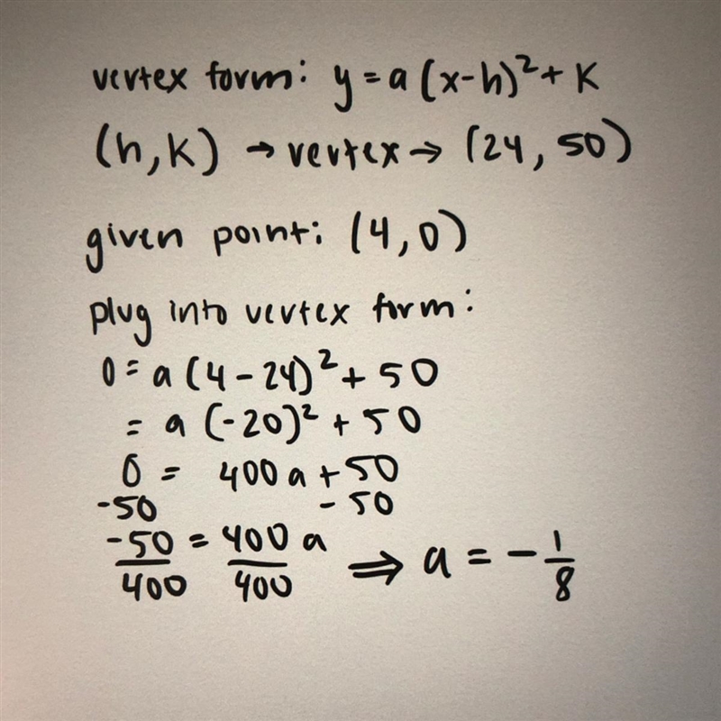 Write the vertex form by substituting in values for x, y, h, and k, and then solve-example-1