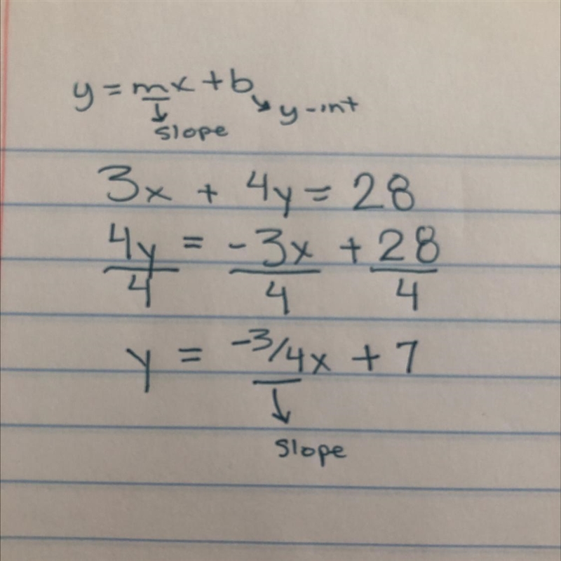 Function A is a linear function. An equation for Function A is 3x + 4y = 28. Which-example-1