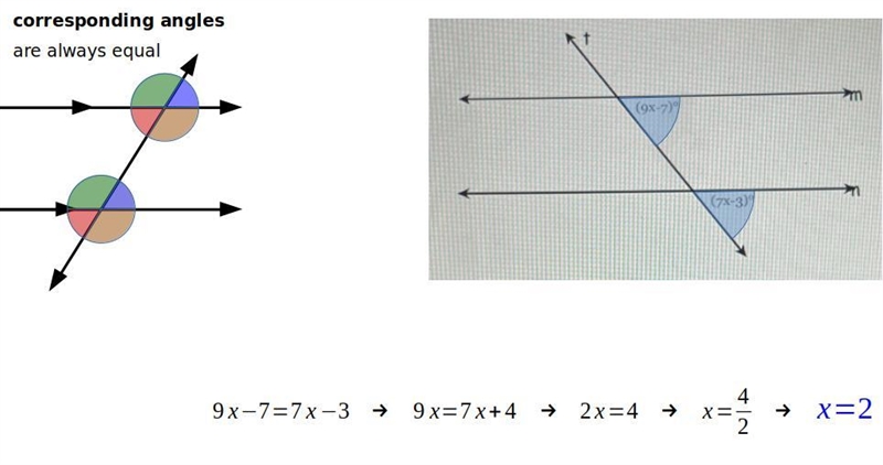 Please help ! Given m || n, find the value of x. (9x-7)°=(7x3)° … I don’t understand-example-1