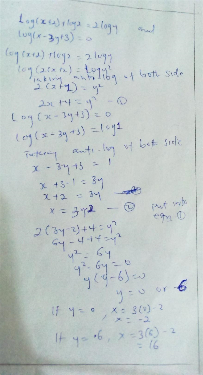 Solve the simultaneous equation log(x+2) +log2=2log y and log(x-3y+3)=0-example-1