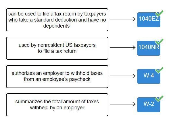 Match each tax form with its purpose. W-2 W-4 1040NR 1040EZ-example-1