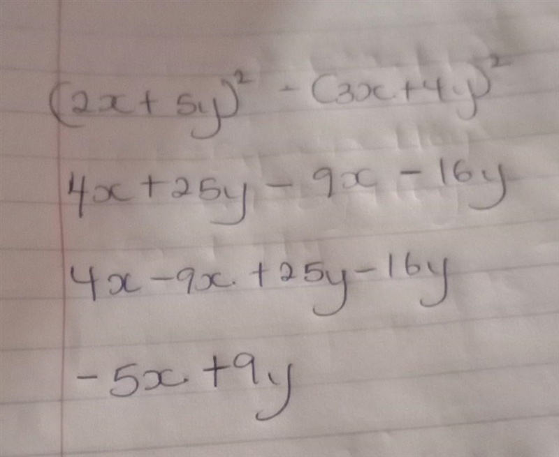 Simplify the expression: ({2x + 5y})^(2) - ({3x + 4y})^(2) ​-example-1