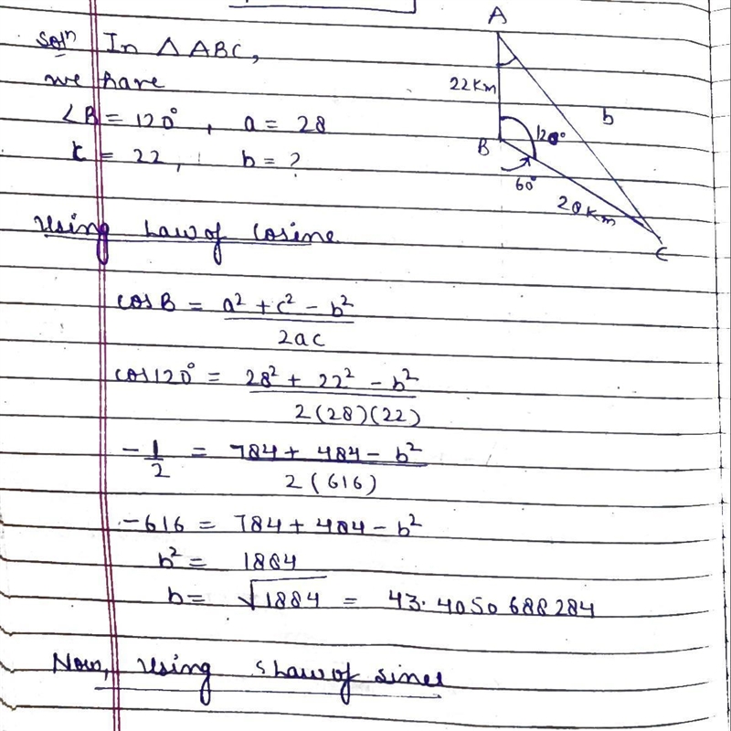 A car travels 22 km due south and then 28 km in a direction 60° east of south. Find-example-1