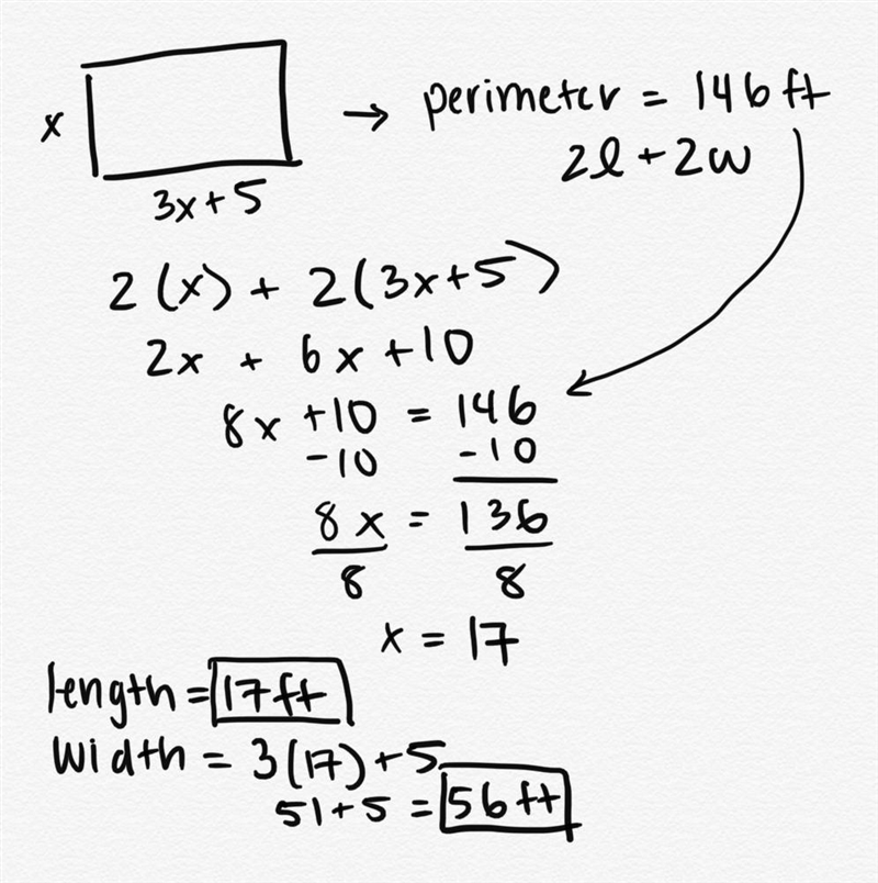 A rectangular rug has a perimeter of 146 feet. The width of the rug is 5 feet more-example-1