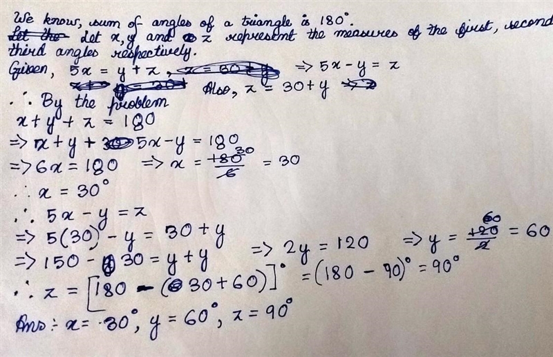 triangle is 180. The sum of the measures of the second and third angles is five times-example-1