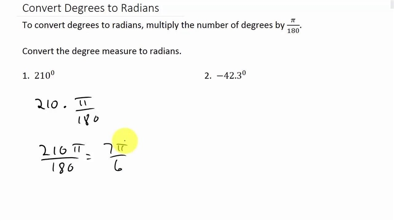 What is the radian measure of 210 angle-example-1