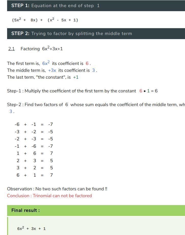 Perform the operation (5x^2+8x)+(x^2-5x+1)-example-1