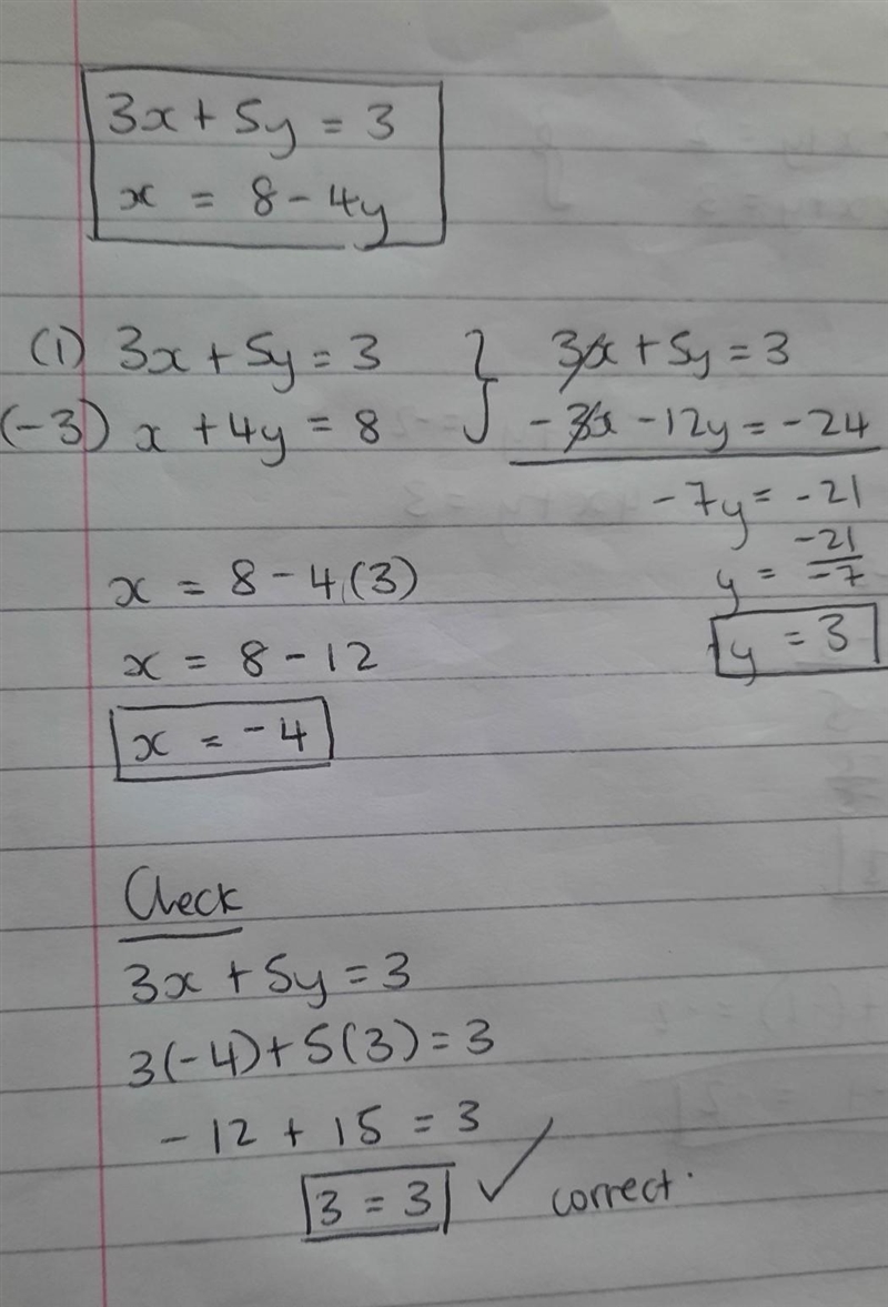 Solve the systems of equations 3x+5y=3 ×=8-4y-example-1