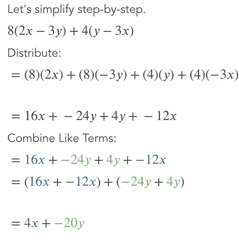 Find the equivalent expression. 8(2x−3y)+4(y−3x-example-1