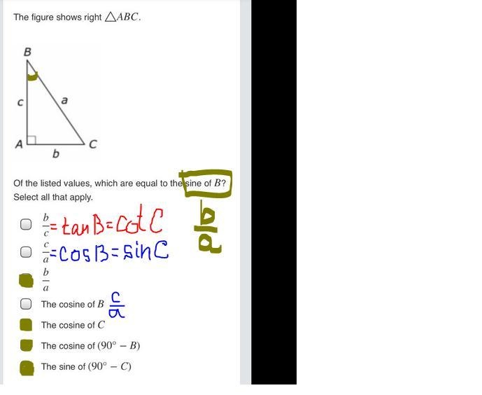 Of the listed values, which are equal to the sine of B B ? Select all that apply-example-1