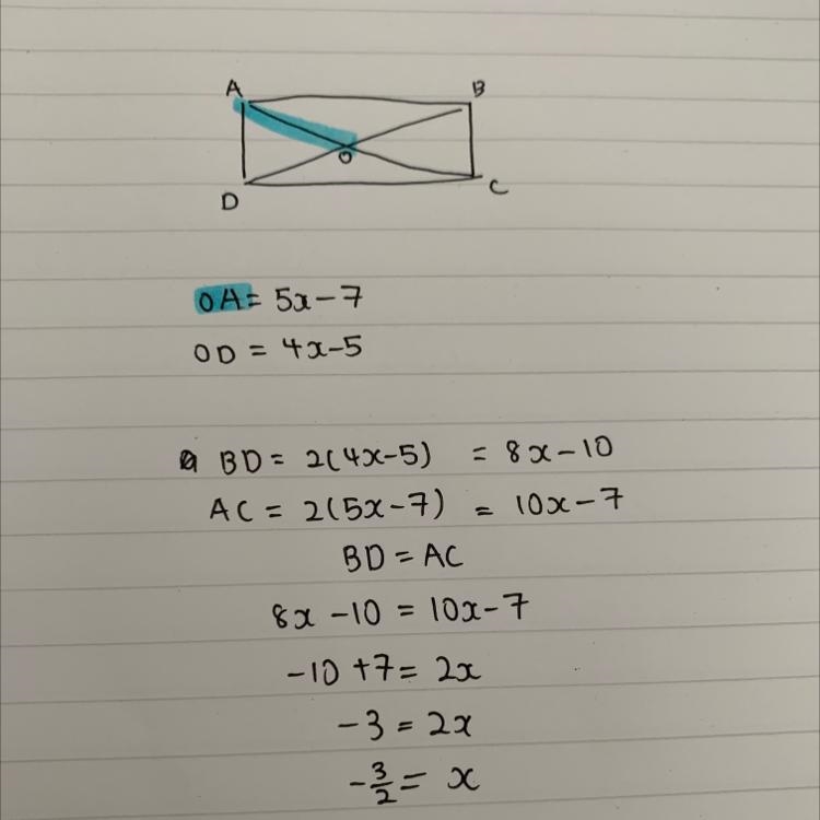 ABCD is rectangle with diagonals AC and BD meeting at point O. Find x if OA = 5x-7 and-example-1