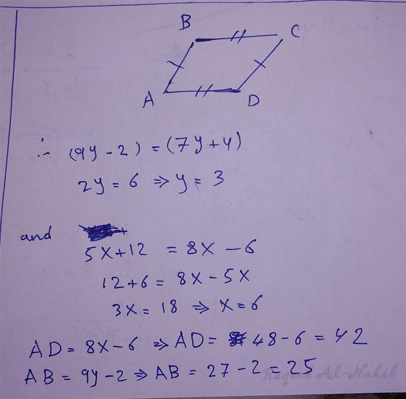 1.7. Examine parallelogram ABCD below. B 5x+12 с 9y - 2 7y+4 A 8x - 6 D Determine-example-1