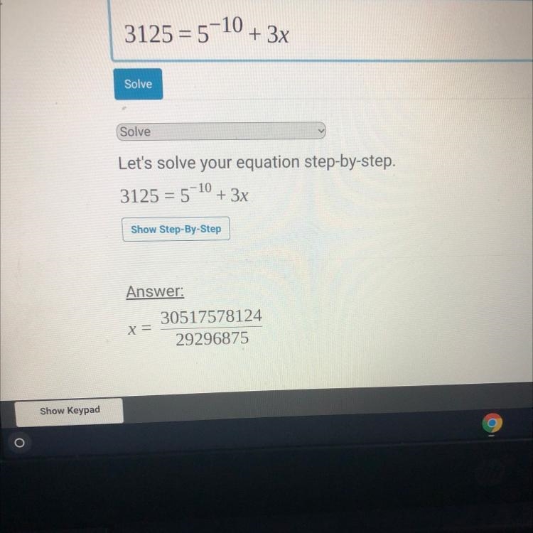 Solve: 3,125 = 5^-10 + 3x DONE ​-example-1