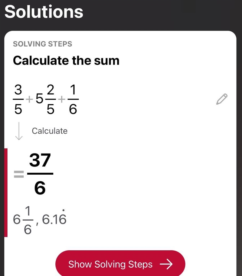 Add the fraction : 3/5 + 5 2/5 + 1/6-example-1