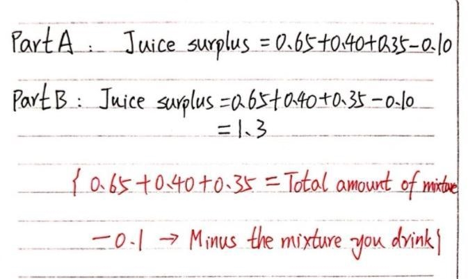 A jar contains 0.65 liter of lime juice and 0.40 liter of orange juice. Meg poured-example-2