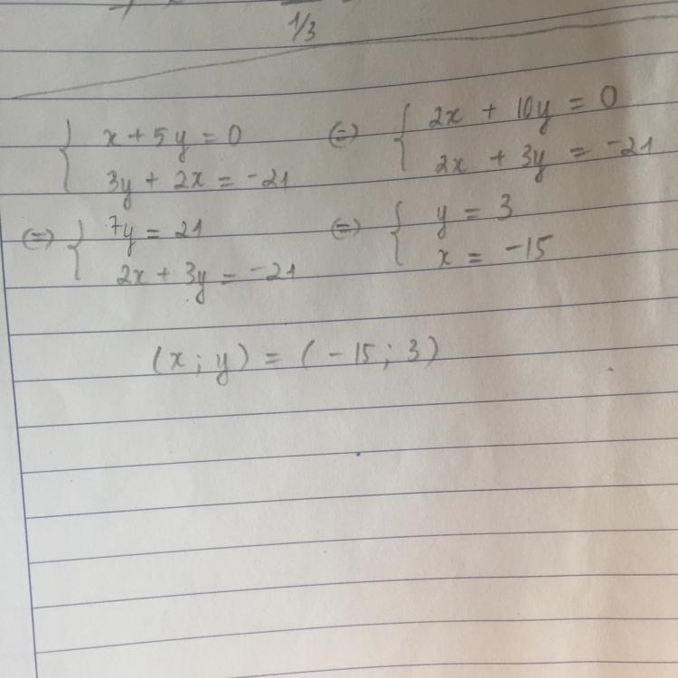 Solve the system using substitution x+5y=0 3y+2x=-21-example-1