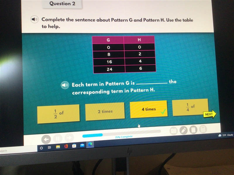 Complete the sentence about pattern G and pattern H. Use the table to help.-example-1