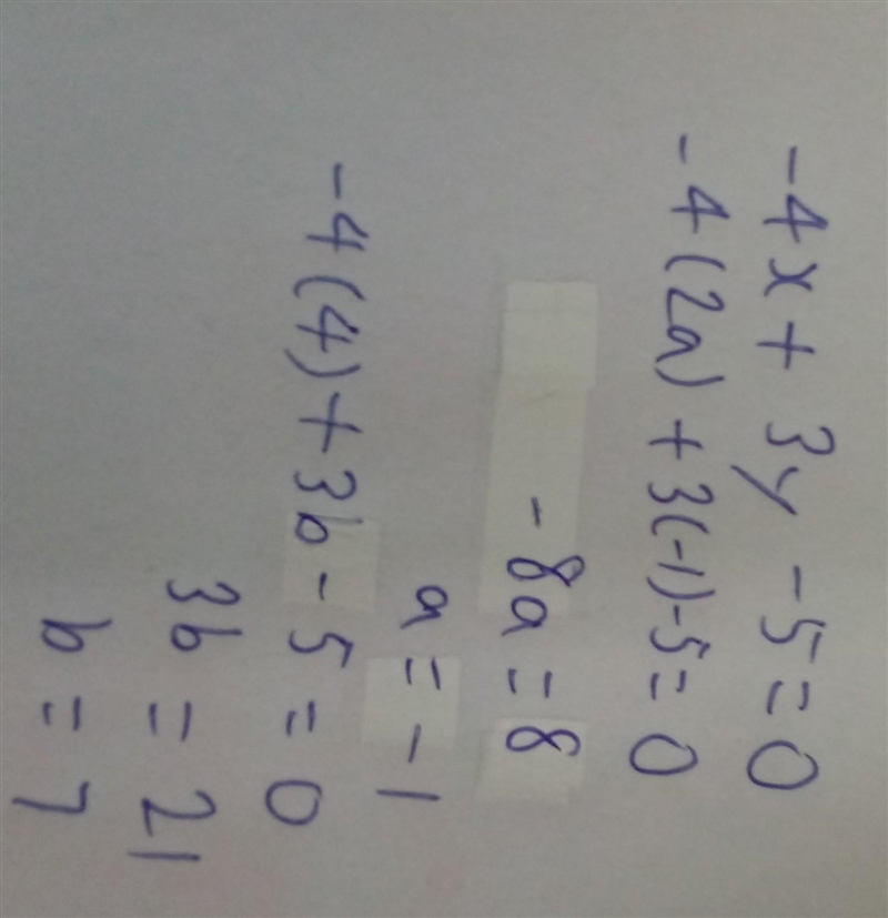 The graph of -4x +3y-5= 0 passes through two points, A(2a, -1) and B(4,b). What is-example-1