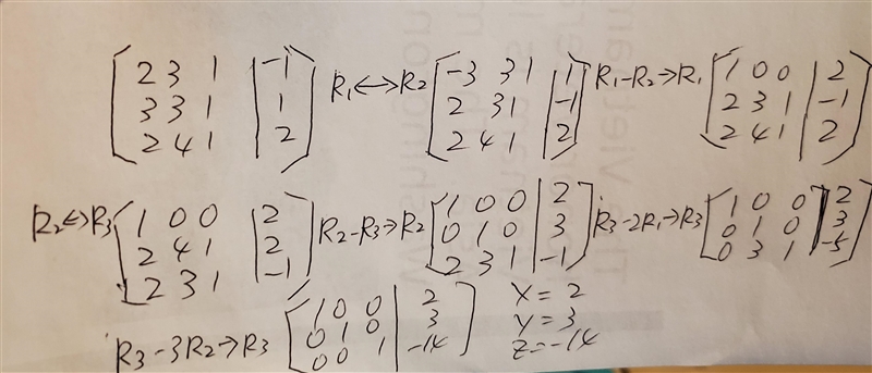 Consider the linear system of equations 2x + 3y + z = -1 3x + 3y + z = 1 2x + 4y + z-example-1