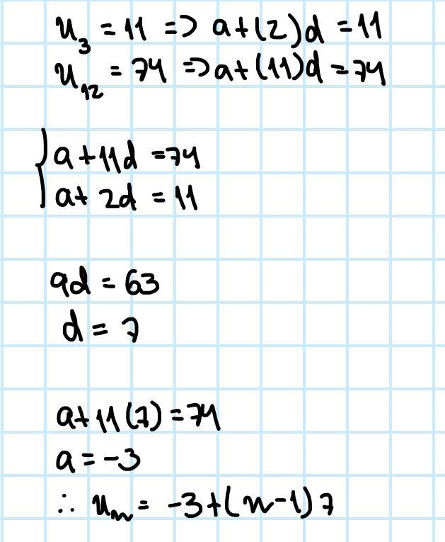 Find the common difference in the arithmetic sequence, an, in which a3=11 and a12=74. ​-example-1