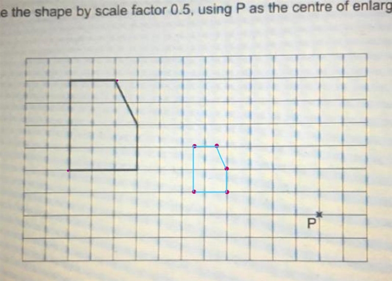 Please can you help Enlarge the shape by scale factor 0.5, using P as the centre of-example-1