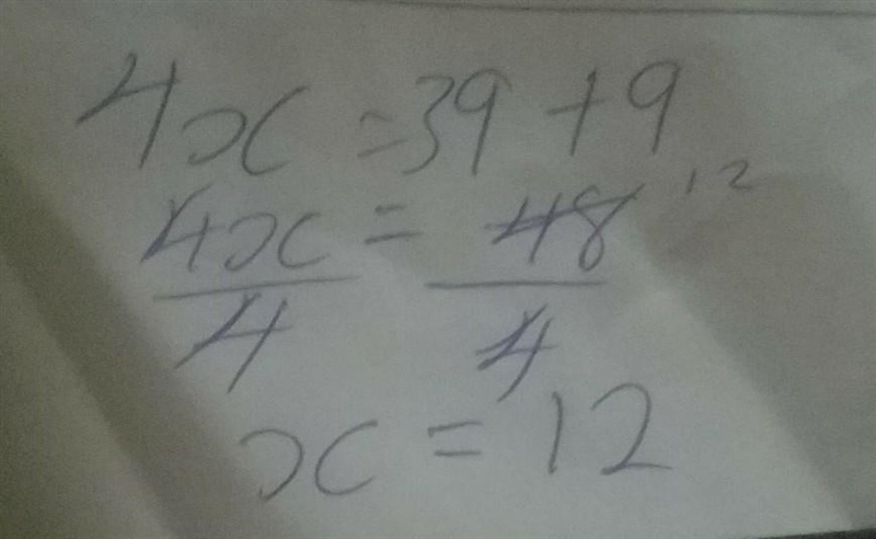 Solve: 4x − 9 = 39 help-example-1