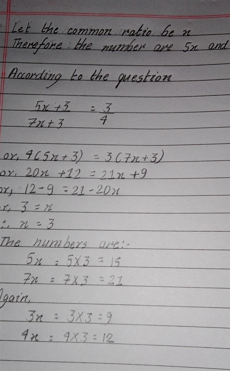 A. Two numbers are in the ratio 5:7. When 3 is added to each number, the new ratio-example-1